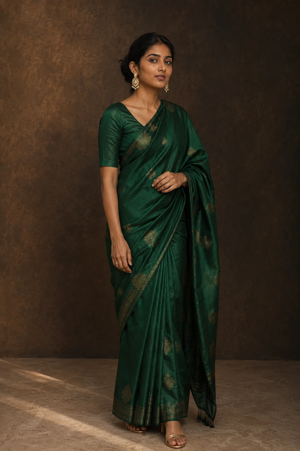 AI-generated full-body Indian model in an emerald silk saree with gold polki earrings and sandals
