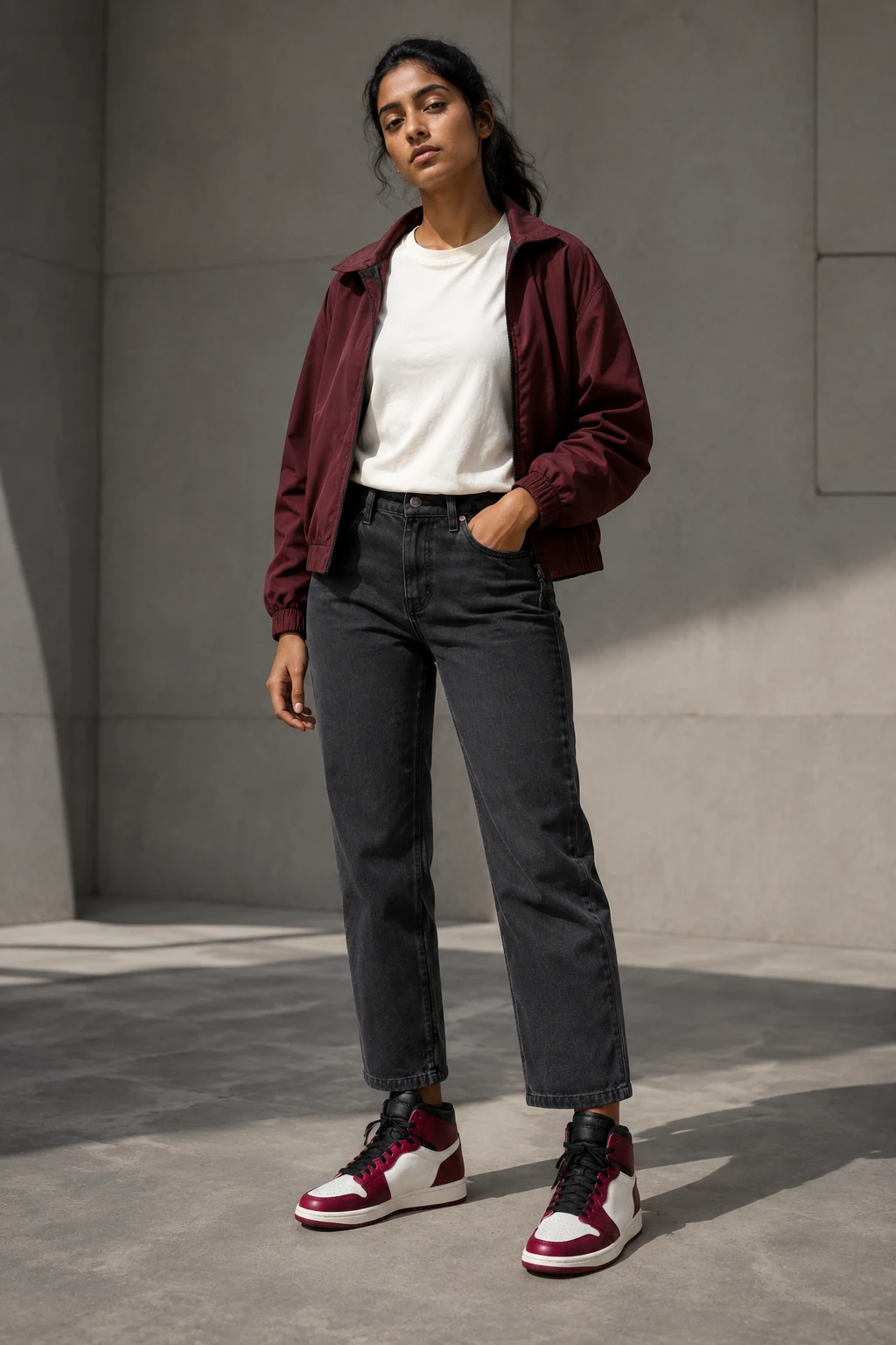 AI-generated full-body Indian model in a burgundy jacket and charcoal jeans wearing logo-free high-top sneakers