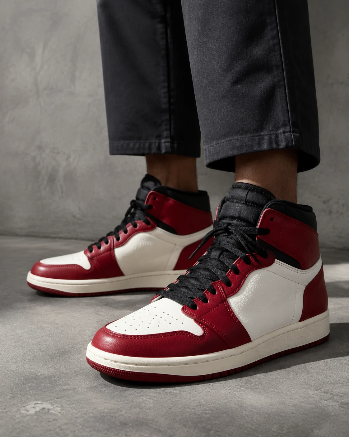AI-generated catalog photo of logo-free red, black, and ivory high-top basketball sneakers