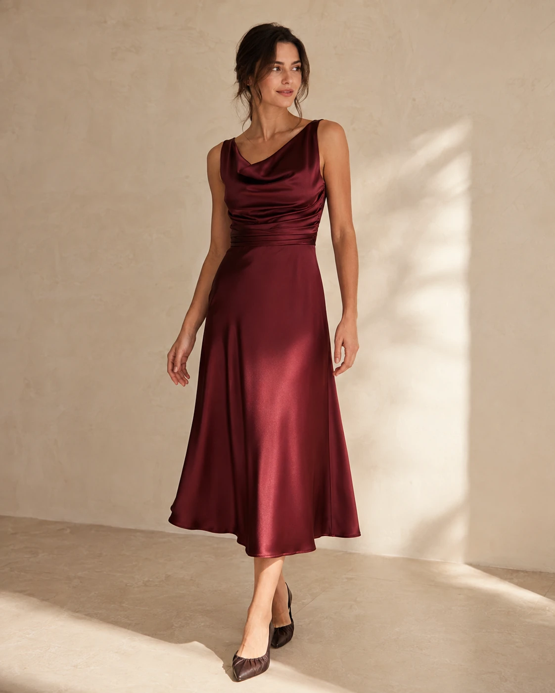 AI-generated catalog photo of a model wearing a burgundy satin midi dress