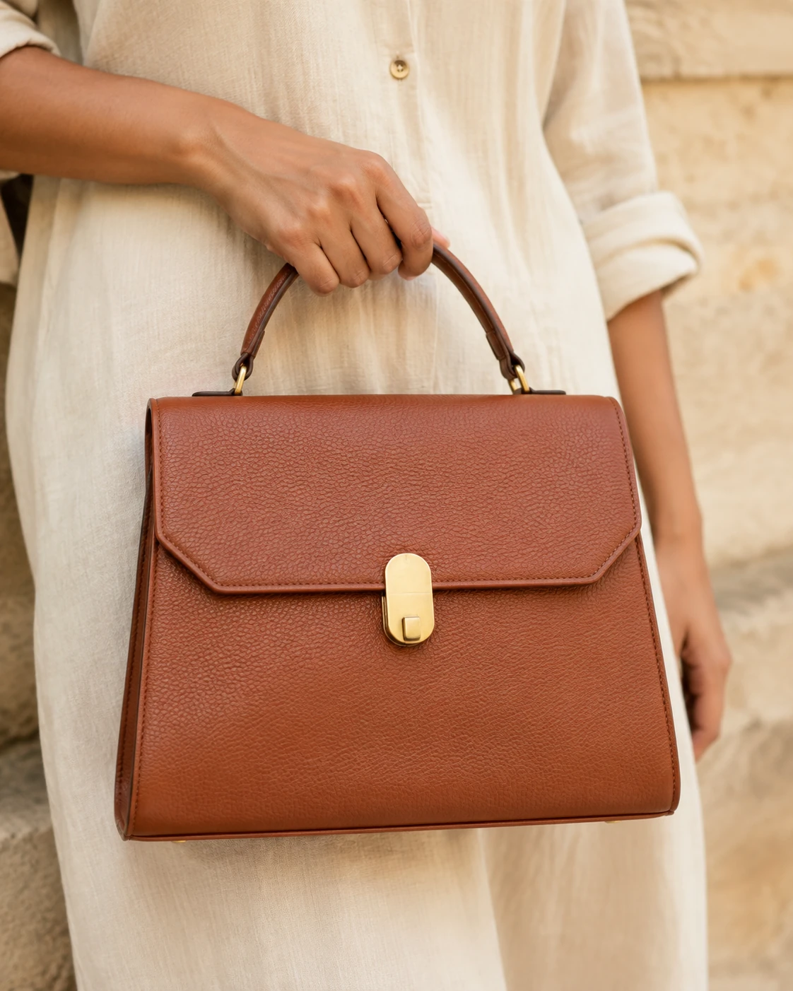 AI-generated close-up of a cognac leather handbag with gold hardware held by an Indian model