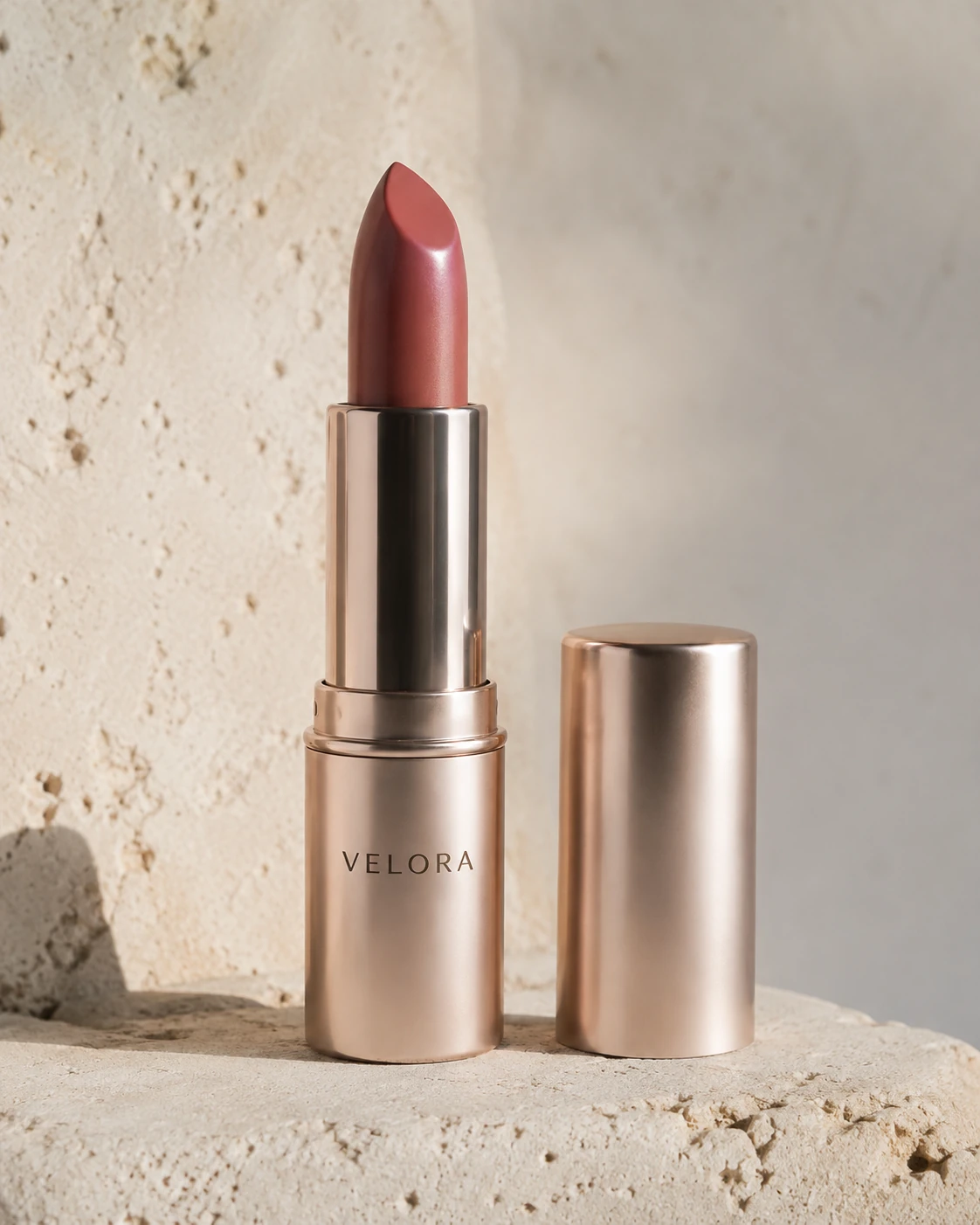 AI-generated VELORA rose-nude lipstick in a champagne-metal tube with its cap