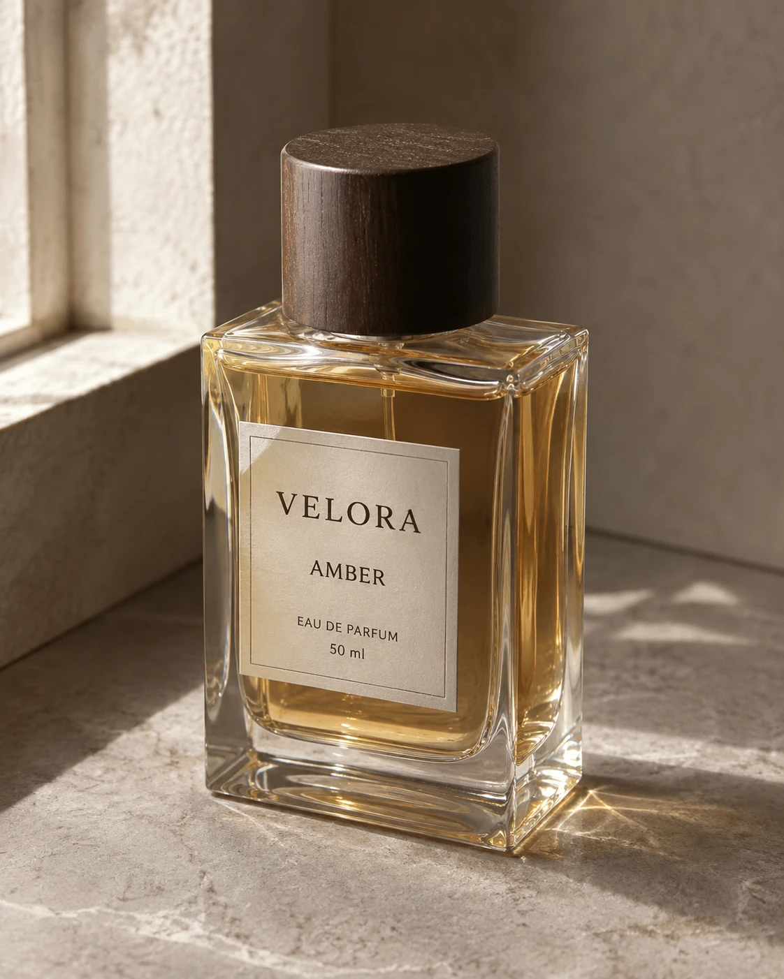 AI-generated VELORA Amber perfume in a clear glass bottle with a dark wooden cap