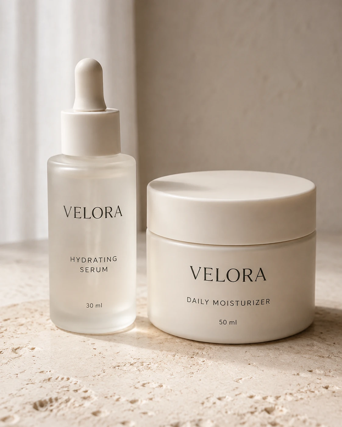 AI-generated VELORA Hydrating Serum and Daily Moisturizer with readable product labels