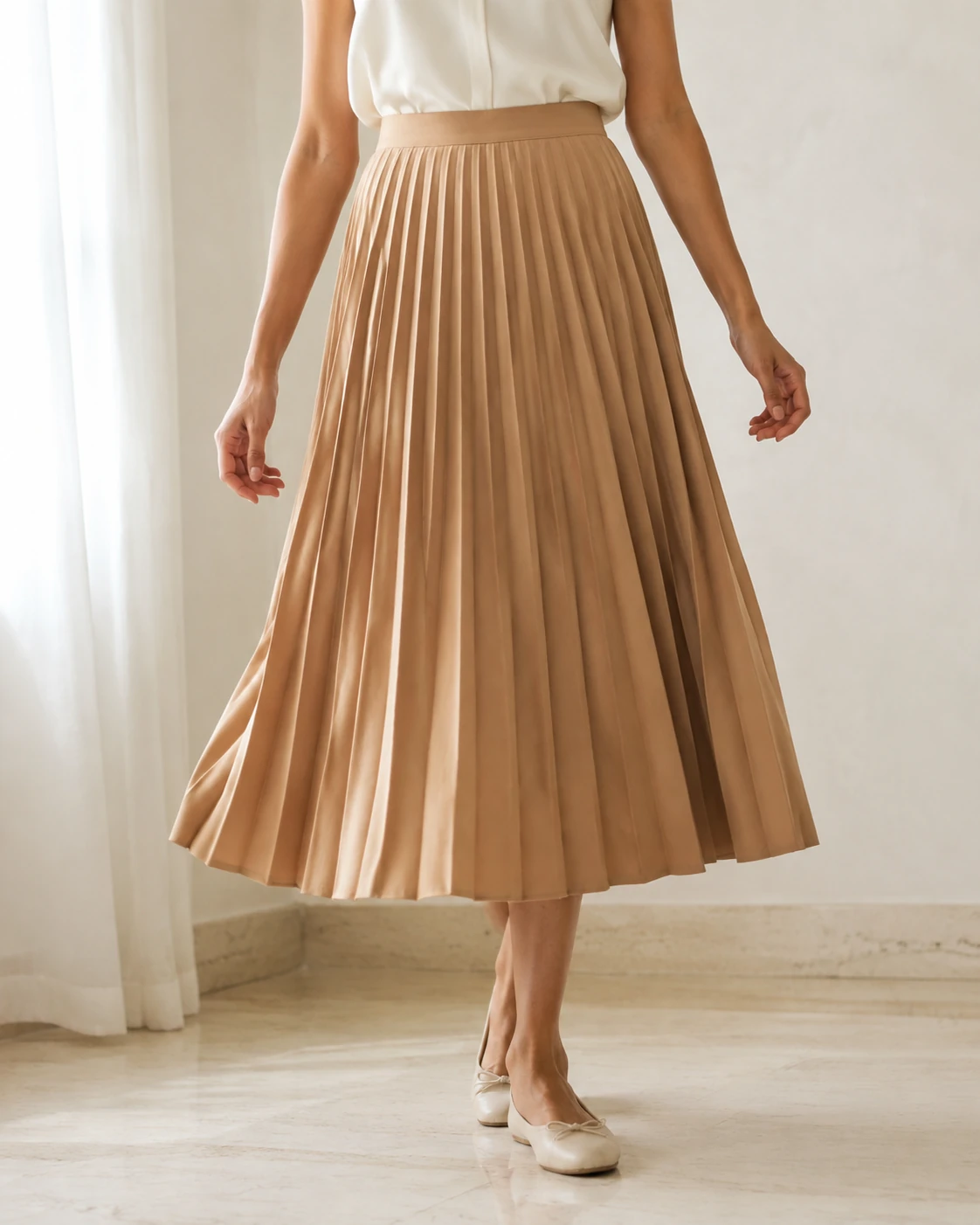 AI-generated product-focused view of a camel pleated midi skirt worn with an ivory top