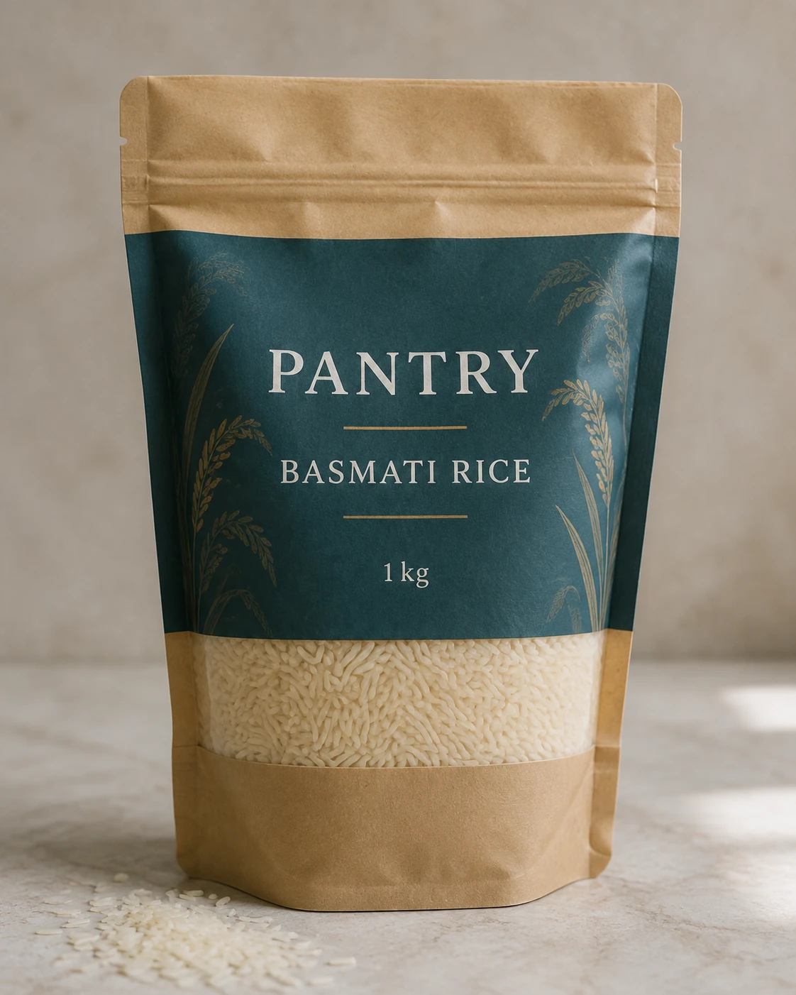 AI-generated PANTRY Basmati Rice pouch with a transparent product window