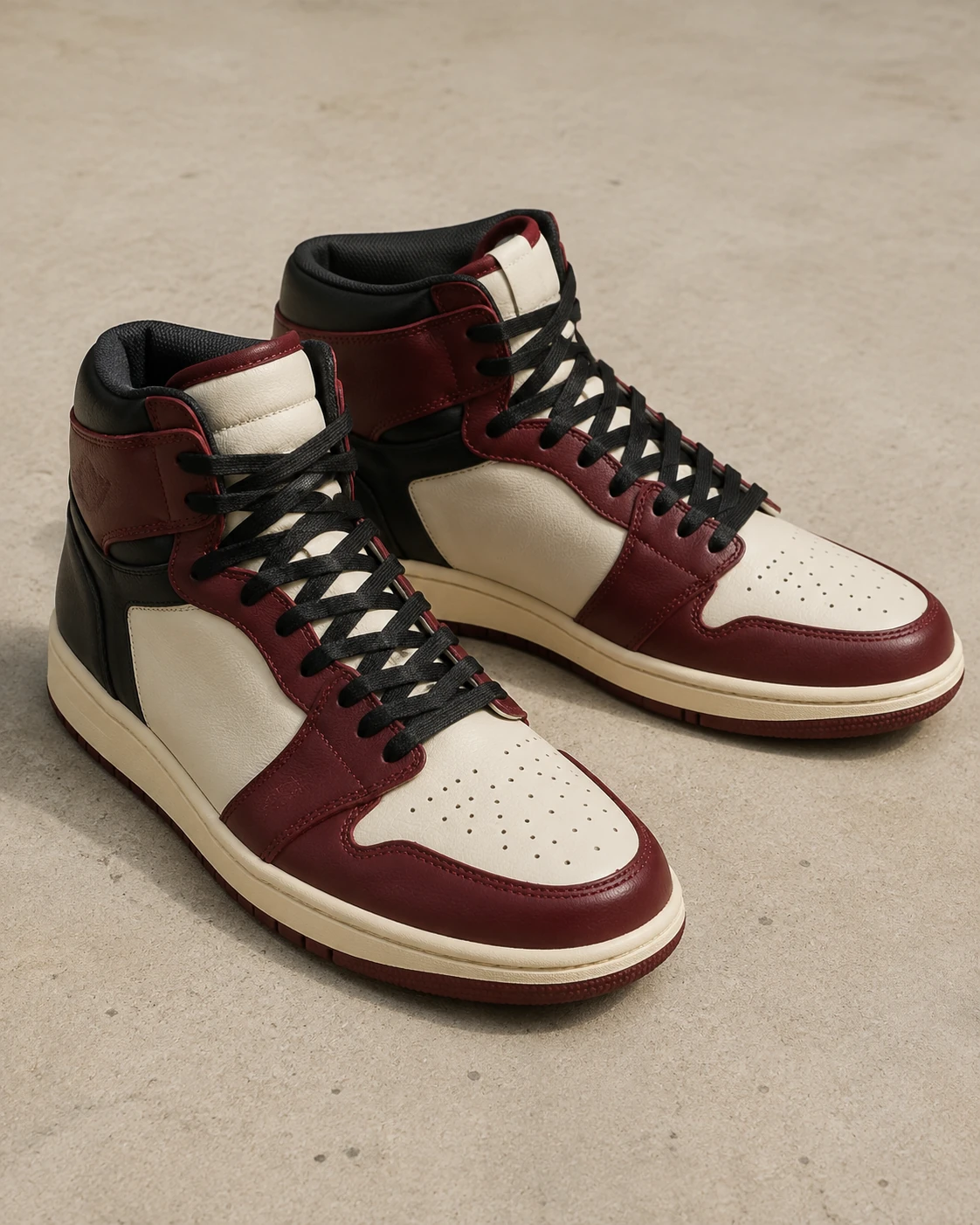 AI-generated logo-free ivory, burgundy, and black retro basketball high-top sneakers