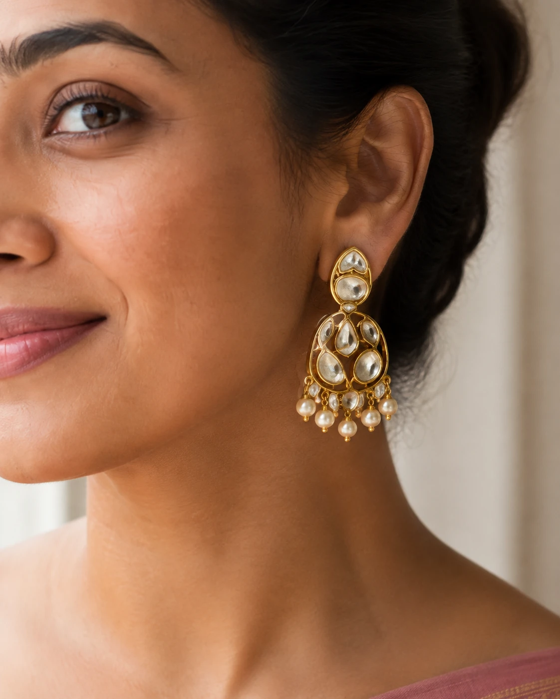 AI-generated close-up of an Indian model wearing a gold polki and pearl earring with a small dusty-rose saree accent