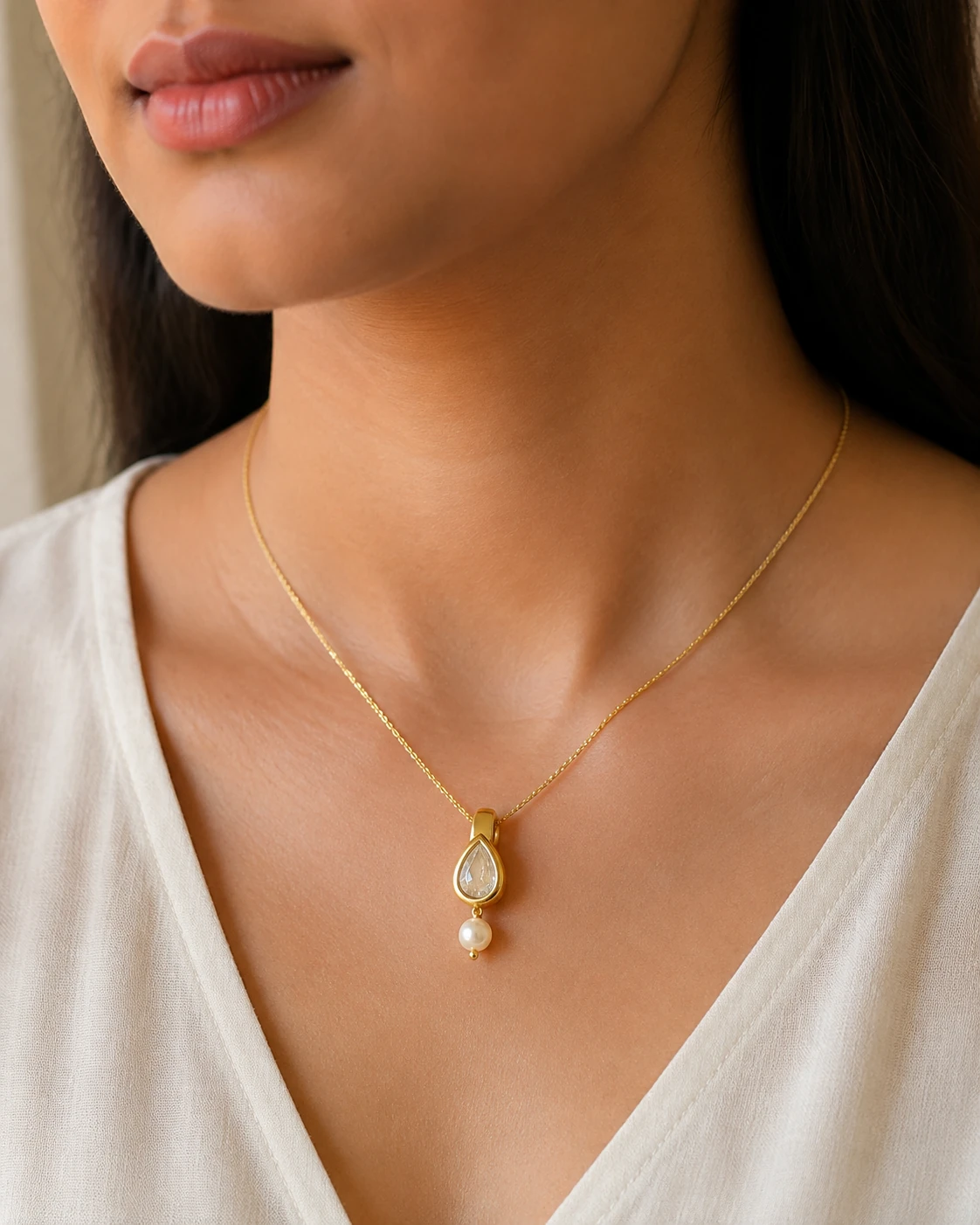 AI-generated close-up of a gold necklace with a teardrop pendant and pearl worn by an Indian model