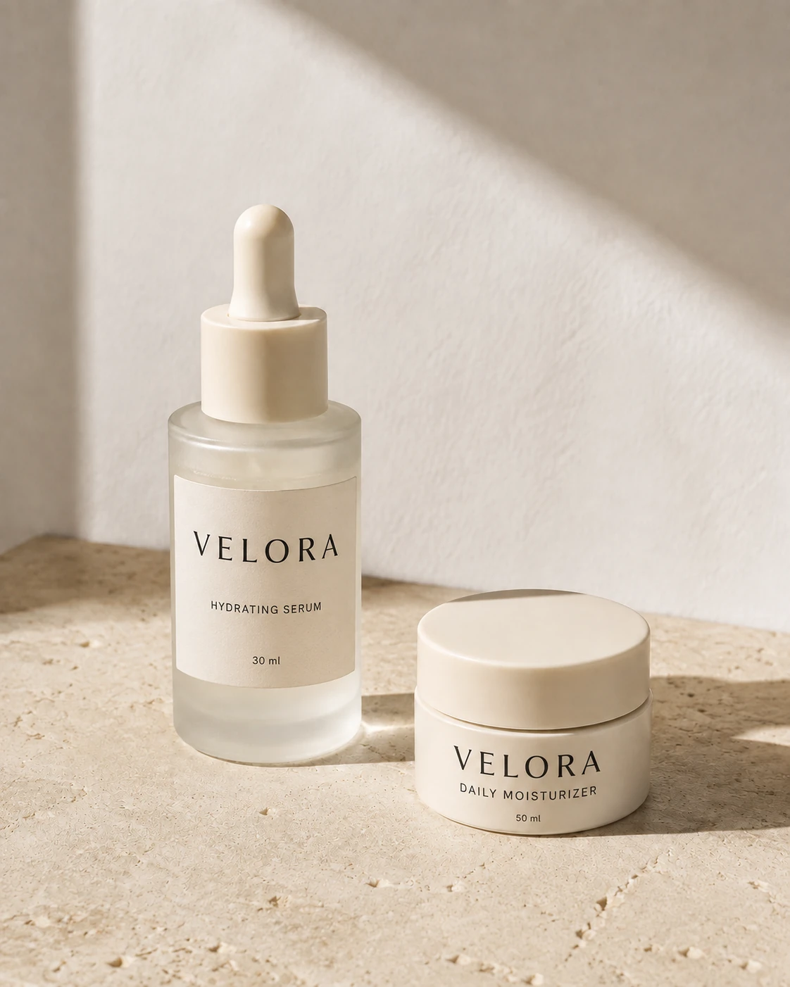 AI-generated product photo of VELORA Hydrating Serum and Daily Moisturizer