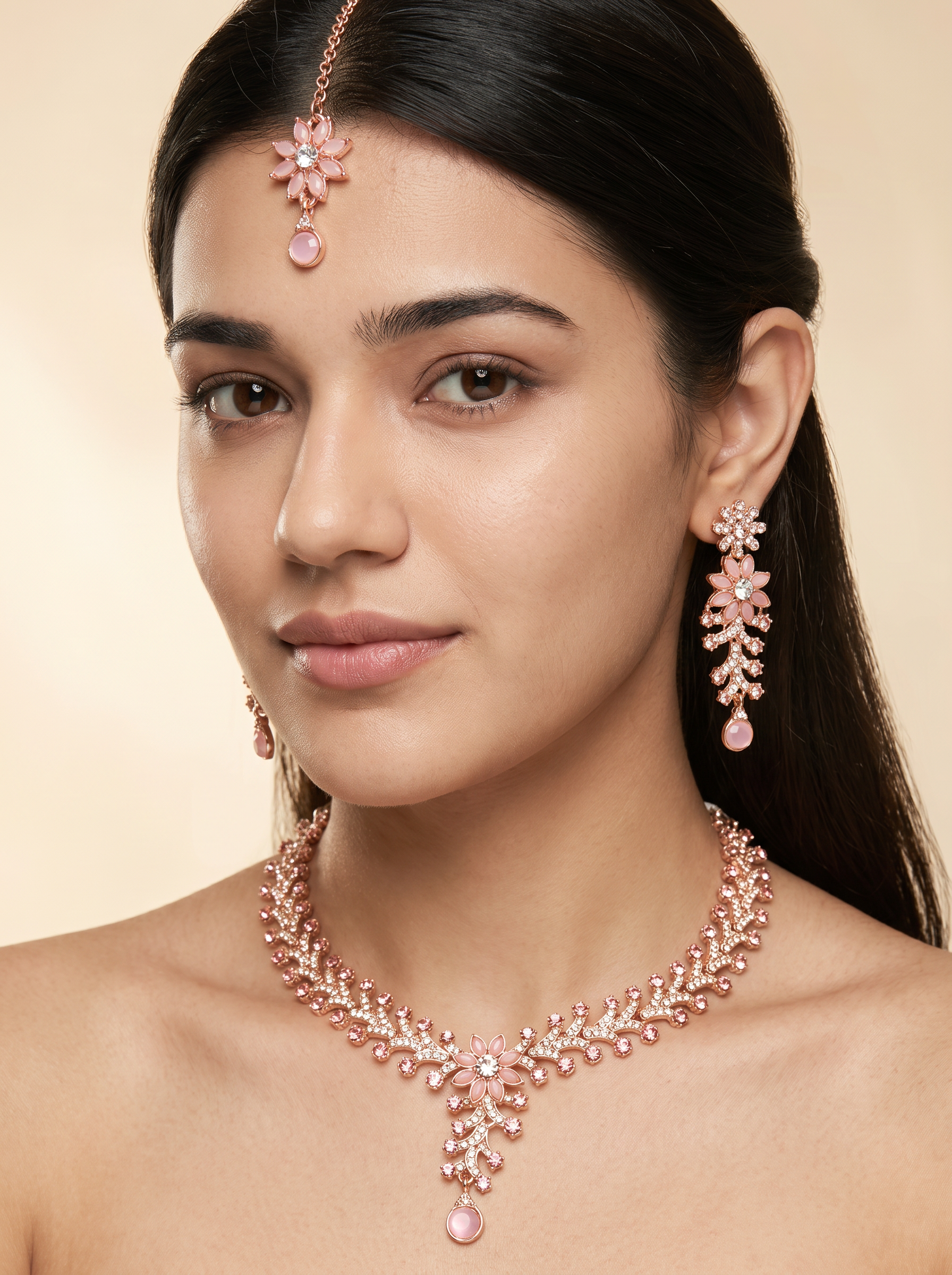AI-generated portrait of a model wearing a pink floral jewelry set